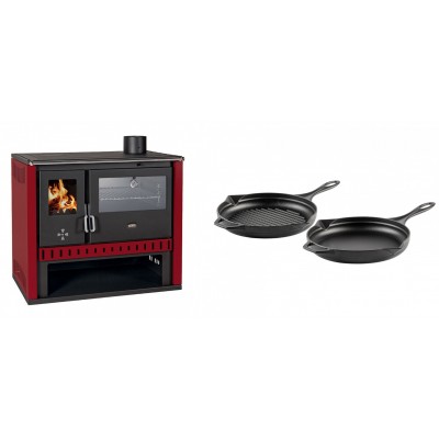 Set Küchenofen / Küchenhexe Prity GT Rot, mit Edelstahl-Backofen, Leistung 15 kW + Gusseisen Topf Set aus 2 teilen Solagio, Black Onyx - Kaminofen - Holzofen mit Backfach