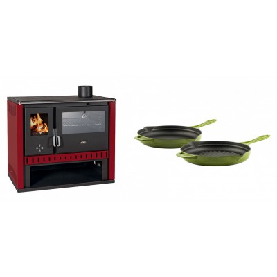 Set Küchenofen / Küchenhexe Prity GT Rot, mit Edelstahl-Backofen, Leistung 15 kW + Gusseisen Topf Set aus 2 teilen Solagio, Bamboo - Kaminofen - Holzofen mit Backfach