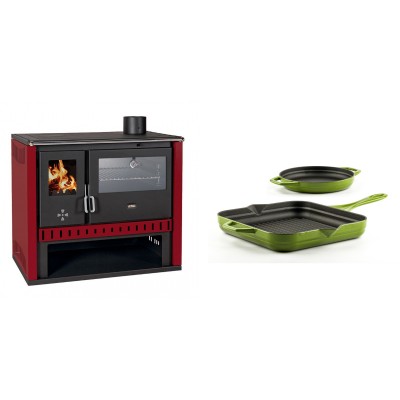 Set Küchenofen / Küchenhexe Prity GT Rot, mit Edelstahl-Backofen, Leistung 15 kW + Gusseisen Topf Set aus 2 teilen Solagio, Bamboo - Kaminofen - Holzofen mit Backfach