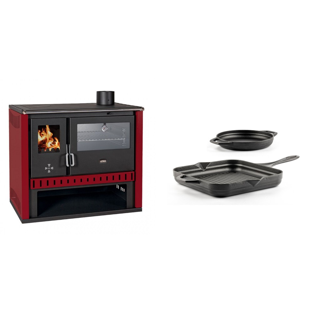 Set Küchenofen / Küchenhexe Prity GT Rot, mit Edelstahl-Backofen, Leistung 15 kW + Gusseisen Topf Set aus 2 teilen Solagio, Black Onyx | Kaminofen - Holzofen mit Backfach | Kaminofen |
