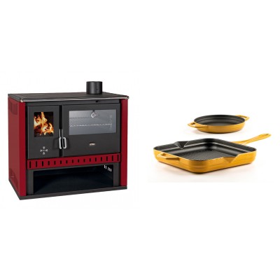 Set Küchenofen / Küchenhexe Prity GT Rot, mit Edelstahl-Backofen, Leistung 15 kW + Gusseisen Topf Set aus 2 teilen Solagio, Dijon - Kaminofen - Holzofen mit Backfach