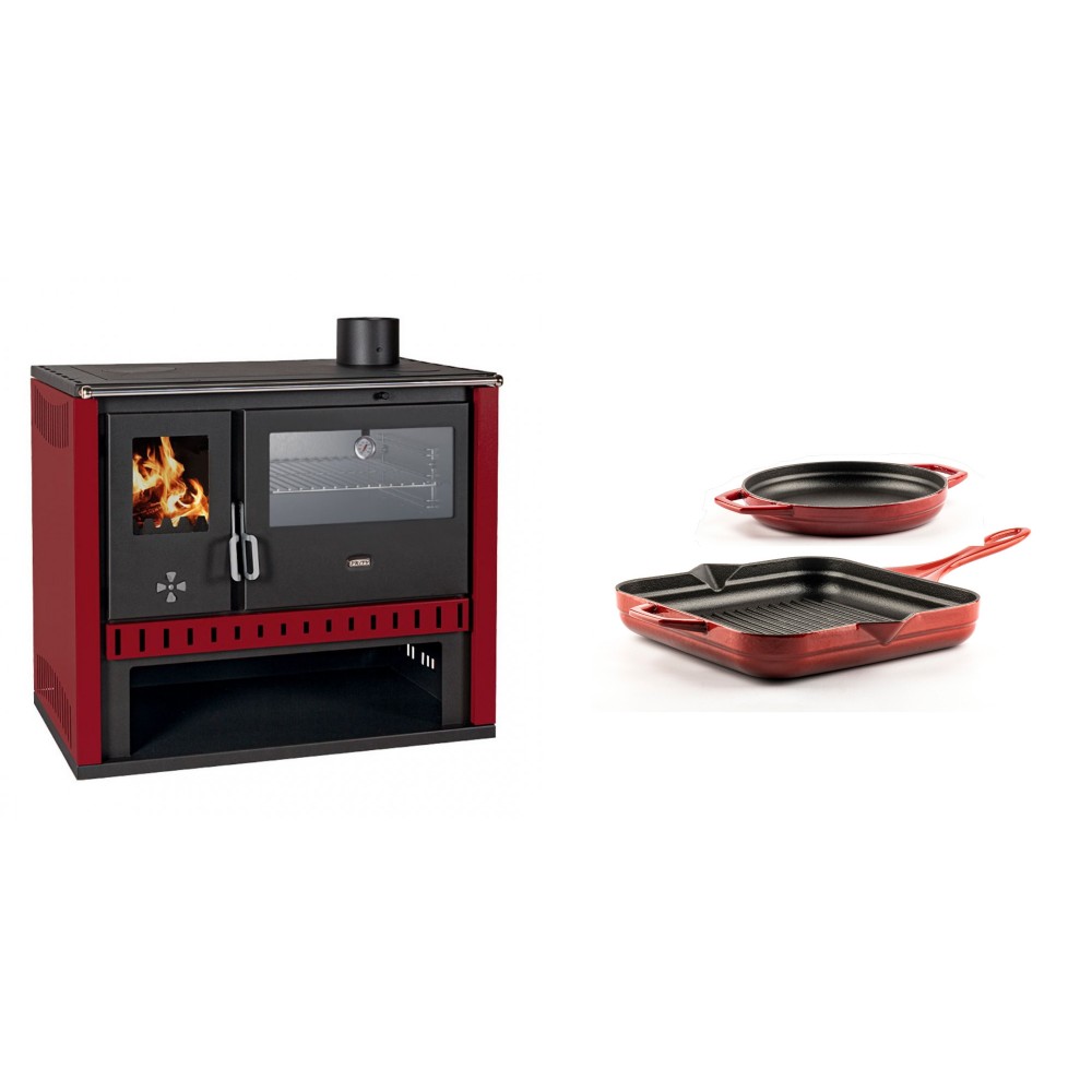 Set Küchenofen / Küchenhexe Prity GT Rot, mit Edelstahl-Backofen, Leistung 15 kW + Gusseisen Topf Set aus 2 teilen Solagio, Rubin