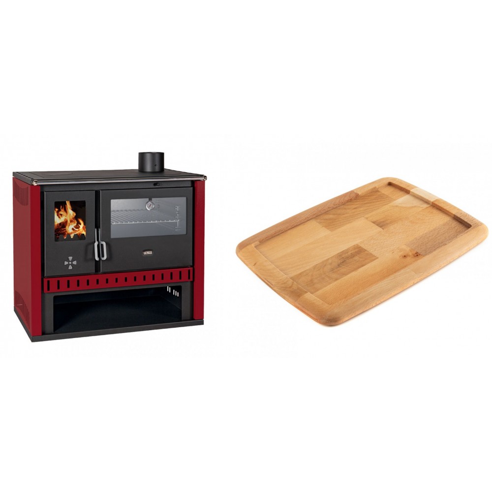 Set Küchenofen / Küchenhexe Prity GT Rot, mit Edelstahl-Backofen, Leistung 15 kW + Holz untersetzer für gusseisenplatte Solagio HSST2131 | Kaminofen - Holzofen mit Backfach | Kaminofen |