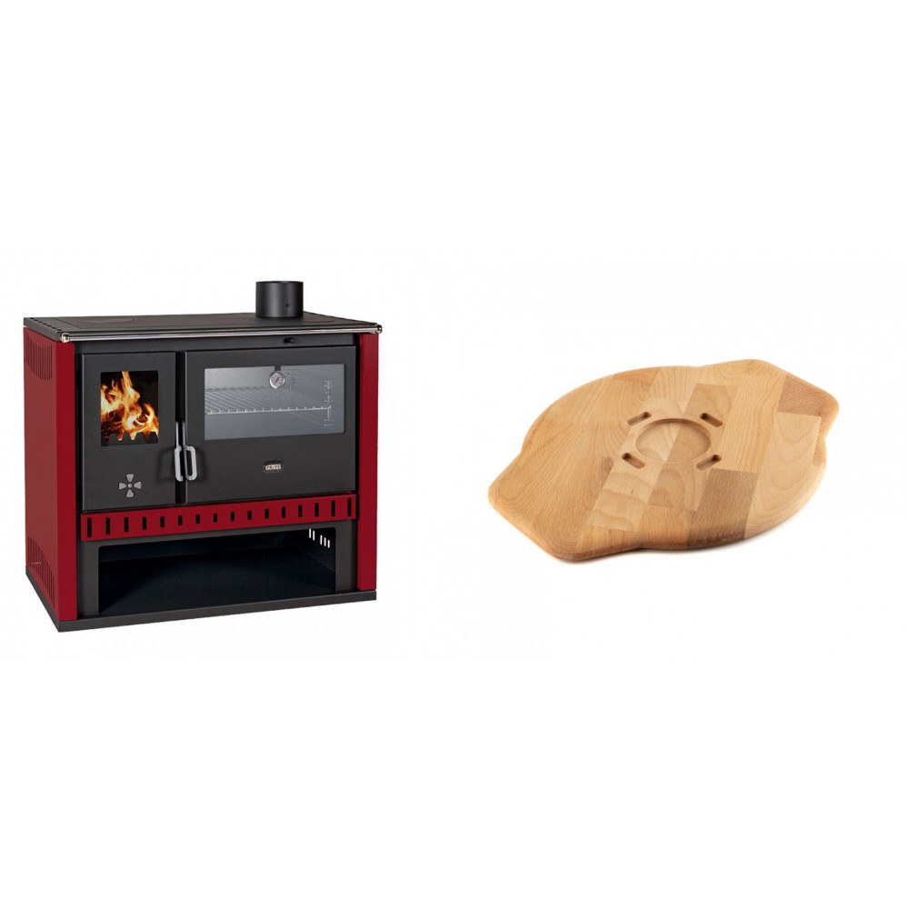 Set Küchenofen / Küchenhexe Prity GT Rot, mit Edelstahl-Backofen, Leistung 15 kW + Holz untersetzer für Gusseisenplatte Solagio HSYSAK28