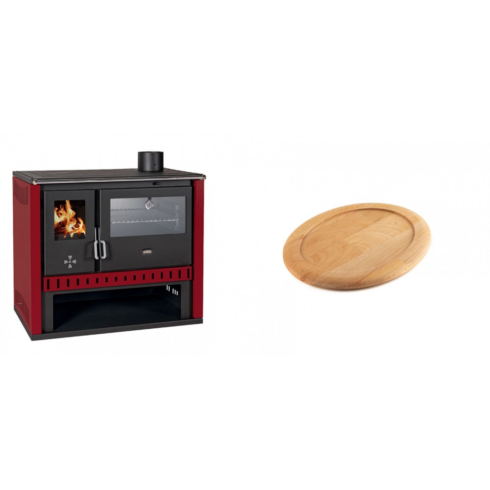 Set Küchenofen / Küchenhexe Prity GT Rot, mit Edelstahl-Backofen, Leistung 15 kW + Holz untersetzer für ovale gusseisenpfanne Solagio HSFT1825 | Kaminofen - Holzofen mit Backfach | Kaminofen |