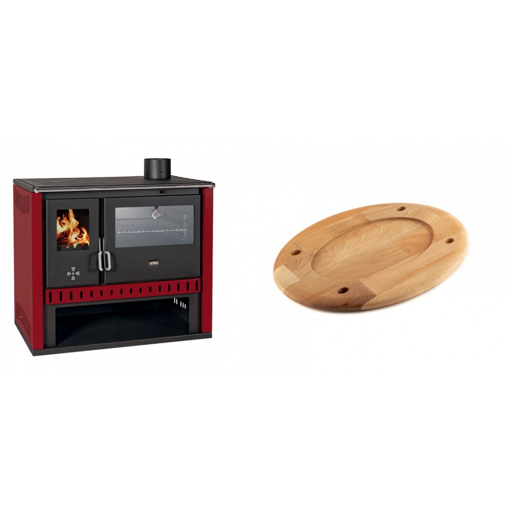 Set Küchenofen / Küchenhexe Prity GT Rot, mit Edelstahl-Backofen, Leistung 15 kW + Holz untersetzer für ovale platte Solagio HSOISK2533, 25x33cm