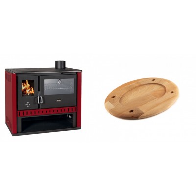 Set Küchenofen / Küchenhexe Prity GT Rot, mit Edelstahl-Backofen, Leistung 15 kW + Holz untersetzer für ovale platte Solagio HSOISK2533, 25x33cm - Kaminofen - Holzofen mit Backfach