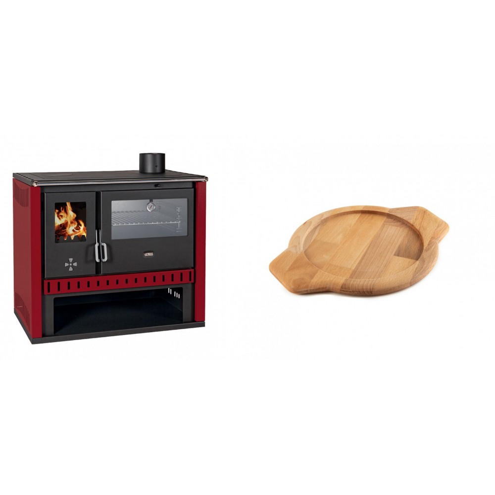 Set Küchenofen / Küchenhexe Prity GT Rot, mit Edelstahl-Backofen, Leistung 15 kW + Holz untersetzer für gusseisenschüssel Solagio HSYKTV22