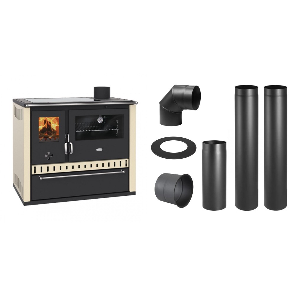 Set Küchenofen / Küchenhexe Prity GT Elfenbein, mit Glaskeramik-Kochfeld und Schublade, Leistung 15 kW + Schornstein Bausatz PARKANEX, Stahl Ø150, Dicke 2mm