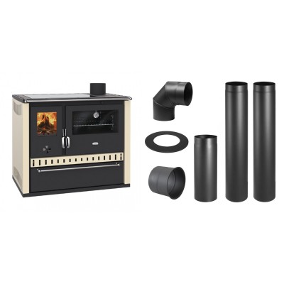 Set Küchenofen / Küchenhexe Prity GT Elfenbein, mit Glaskeramik-Kochfeld und Schublade, Leistung 15 kW + Schornstein Bausatz PARKANEX, Stahl Ø150, Dicke 2mm - Kaminofen - Holzofen mit Backfach
