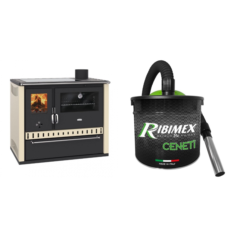 Set Küchenofen / Küchenhexe Prity GT Elfenbein, mit Glaskeramik-Kochfeld und Schublade, Leistung 15 kW + Elektrischer Aschesauger Ribimex, Modell Cenetì, Fassungsvermögen 15 L | Kaminofen - Holzofen mit Backfach | Prity |