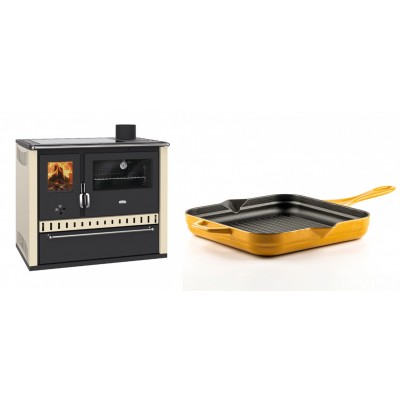 Set Küchenofen / Küchenhexe Prity GT Elfenbein, mit Glaskeramik-Kochfeld und Schublade, Leistung 15 kW + Emaillierte grillpfanne Gusseisen Solagio, Dijon, 28х28cm - Kaminofen - Holzofen mit Backfach