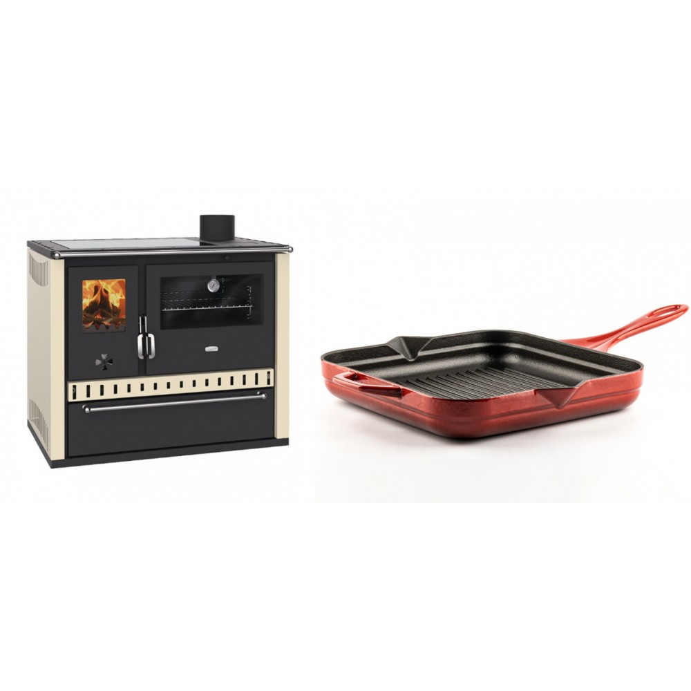 Set Küchenofen / Küchenhexe Prity GT Elfenbein, mit Glaskeramik-Kochfeld und Schublade, Leistung 15 kW + Emaillierte grillpfanne Gusseisen Solagio, Rubin, 28x28cm