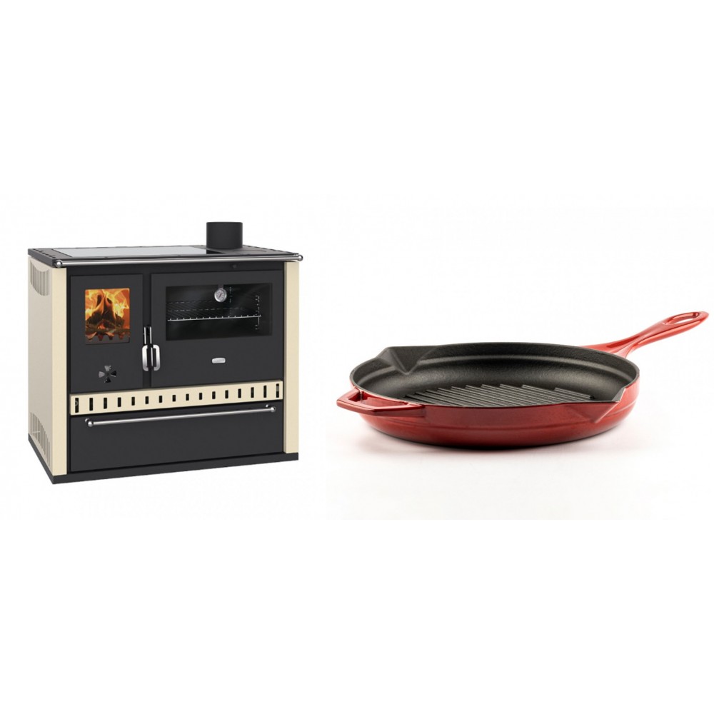 Set Küchenofen / Küchenhexe Prity GT Elfenbein, mit Glaskeramik-Kochfeld und Schublade, Leistung 15 kW + Emaillierte grillpfanne Gusseisen Solagio, Rubin, Ф28cm