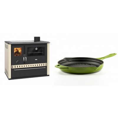 Set Küchenofen / Küchenhexe Prity GT Elfenbein, mit Glaskeramik-Kochfeld und Schublade, Leistung 15 kW + Emaillierte grillpfanne Gusseisen Solagio, Bamboo, Ф28cm - Kaminofen - Holzofen mit Backfach