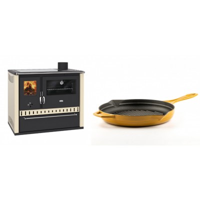 Set Küchenofen / Küchenhexe Prity GT Elfenbein, mit Glaskeramik-Kochfeld und Schublade, Leistung 15 kW + Emaillierte grillpfanne Gusseisen Solagio, Dijon, Ф28cm - Kaminofen - Holzofen mit Backfach