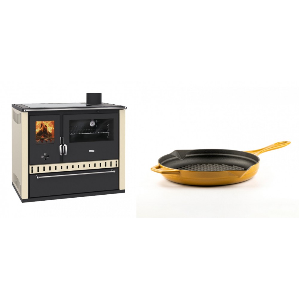 Set Küchenofen / Küchenhexe Prity GT Elfenbein, mit Glaskeramik-Kochfeld und Schublade, Leistung 15 kW + Emaillierte grillpfanne Gusseisen Solagio, Dijon, Ф24cm | Kaminofen - Holzofen mit Backfach | Kaminofen |