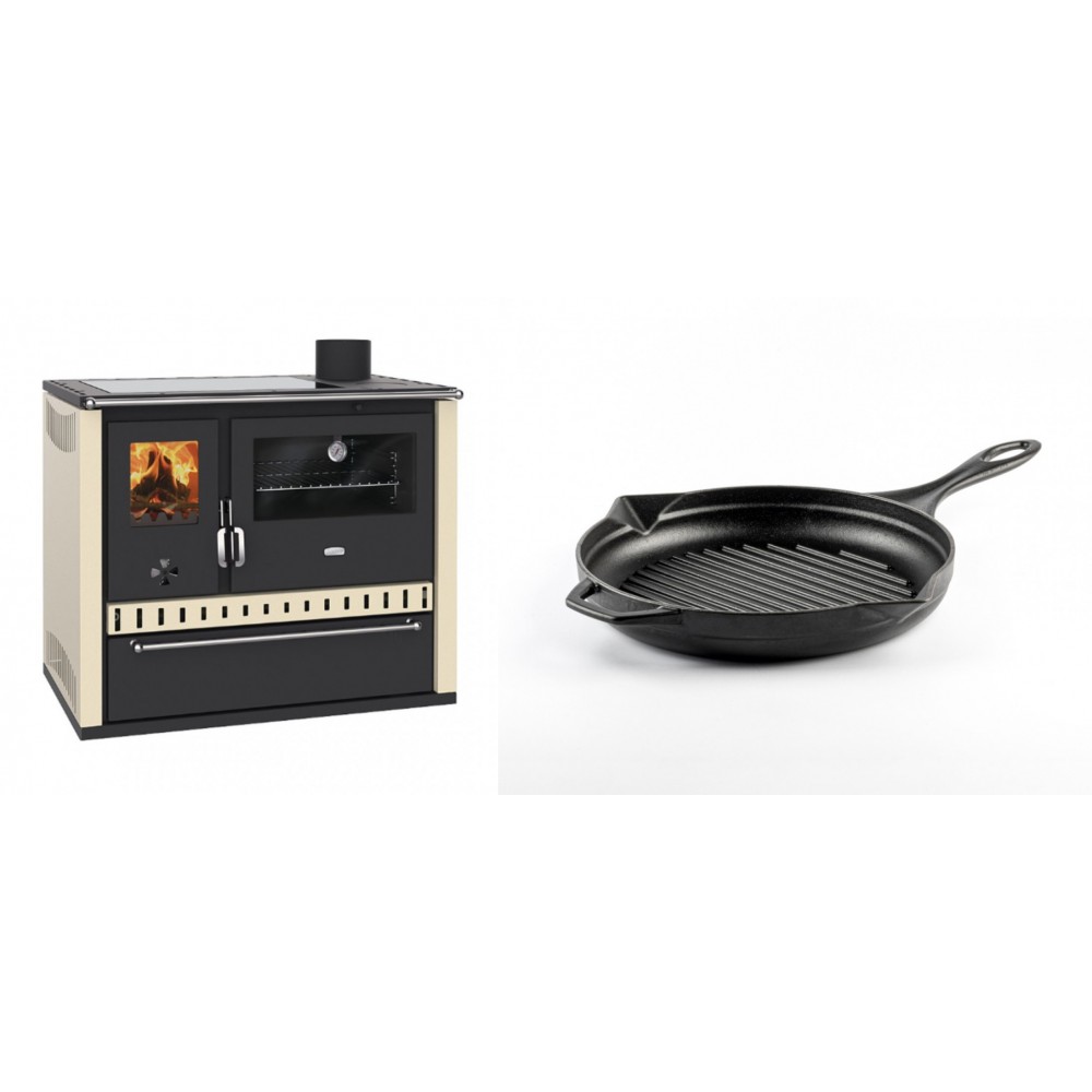 Set Küchenofen / Küchenhexe Prity GT Elfenbein, mit Glaskeramik-Kochfeld und Schublade, Leistung 15 kW + Emaillierte grillpfanne Gusseisen Solagio, Black Onyx, Ф24cm | Kaminofen - Holzofen mit Backfach | Kaminofen |