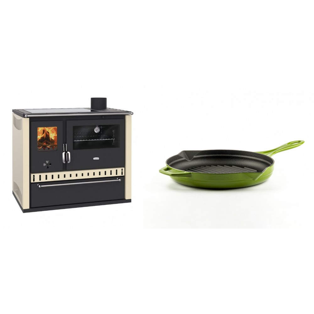 Set Küchenofen / Küchenhexe Prity GT Elfenbein, mit Glaskeramik-Kochfeld und Schublade, Leistung 15 kW + Emaillierte grillpfanne Gusseisen Solagio, Bamboo, Ф24cm