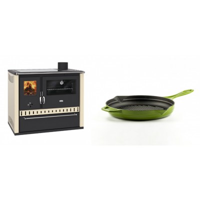 Set Küchenofen / Küchenhexe Prity GT Elfenbein, mit Glaskeramik-Kochfeld und Schublade, Leistung 15 kW + Emaillierte grillpfanne Gusseisen Solagio, Bamboo, Ф24cm - Kaminofen - Holzofen mit Backfach