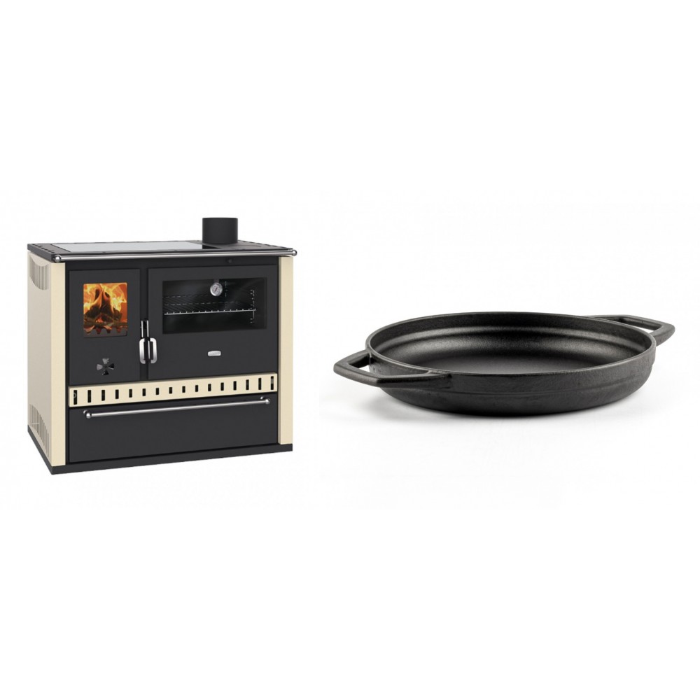 Set Küchenofen / Küchenhexe Prity GT Elfenbein, mit Glaskeramik-Kochfeld und Schublade, Leistung 15 kW + Emaillierte gusseisenpfanne mit zwei Griffen Solagio, Black Onyx, Ф22cm