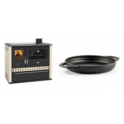 Set Küchenofen / Küchenhexe Prity GT Elfenbein, mit Glaskeramik-Kochfeld und Schublade, Leistung 15 kW + Emaillierte gusseisenpfanne mit zwei Griffen Solagio, Black Onyx, Ф22cm - Kaminofen - Holzofen mit Backfach