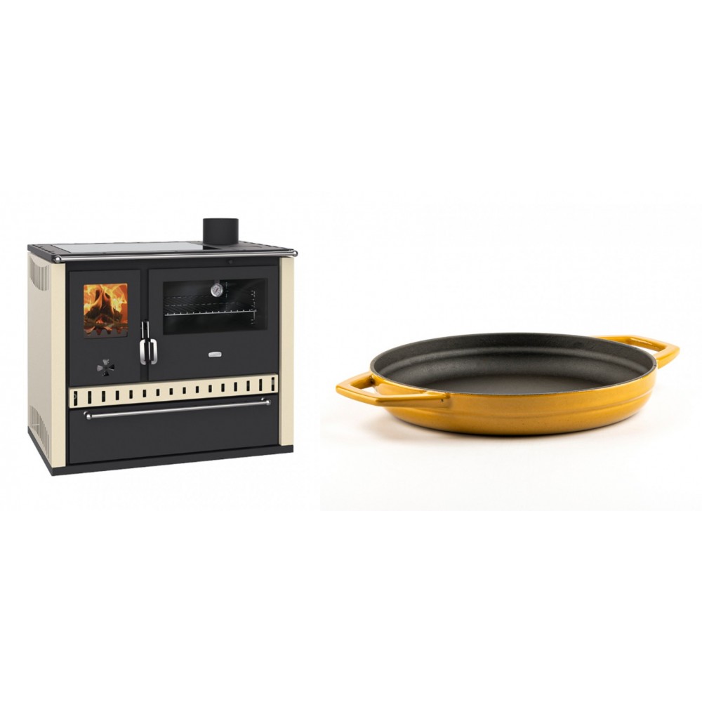 Set Küchenofen / Küchenhexe Prity GT Elfenbein, mit Glaskeramik-Kochfeld und Schublade, Leistung 15 kW + Emaillierte gusseisenpfanne mit zwei Griffen Solagio, Dijon, Ф22cm | Kaminofen - Holzofen mit Backfach | Kaminofen |
