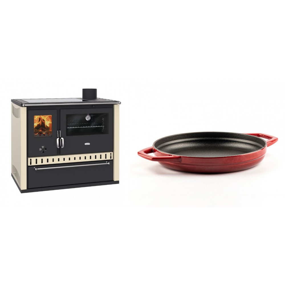 Set Küchenofen / Küchenhexe Prity GT Elfenbein, mit Glaskeramik-Kochfeld und Schublade, Leistung 15 kW + Emaillierte gusseisenpfanne mit zwei Griffen Solagio, Rubin, Ф22cm | Kaminofen - Holzofen mit Backfach | Kaminofen |