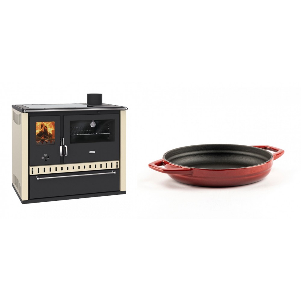 Set Küchenofen / Küchenhexe Prity GT Elfenbein, mit Glaskeramik-Kochfeld und Schublade, Leistung 15 kW + Emaillierte gusseisenpfanne mit zwei Griffen Solagio, Rubin, Ф19cm