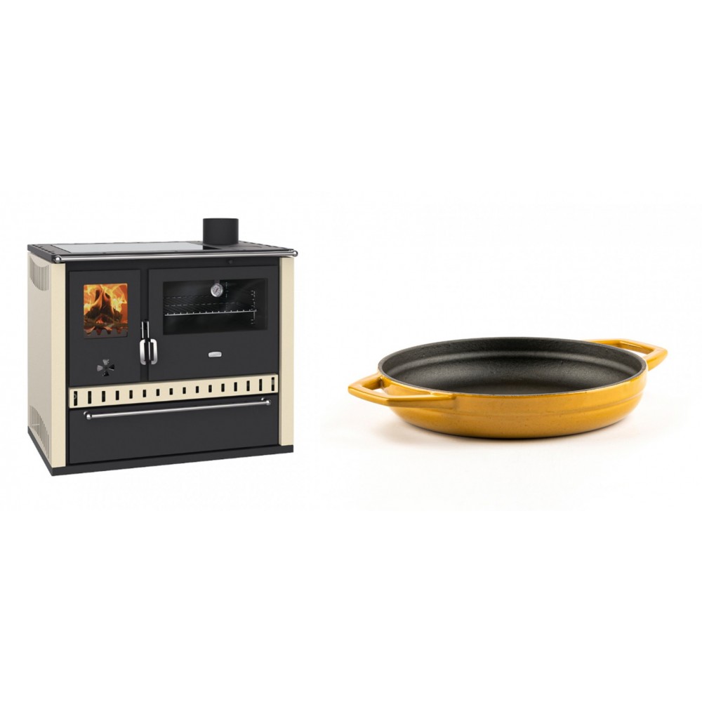 Set Küchenofen / Küchenhexe Prity GT Elfenbein, mit Glaskeramik-Kochfeld und Schublade, Leistung 15 kW + Emaillierte gusseisenpfanne mit zwei Griffen Solagio, Dijon, Ф19cm | Kaminofen - Holzofen mit Backfach | Kaminofen |