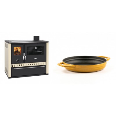 Set Küchenofen / Küchenhexe Prity GT Elfenbein, mit Glaskeramik-Kochfeld und Schublade, Leistung 15 kW + Emaillierte gusseisenpfanne mit zwei Griffen Solagio, Dijon, Ф19cm - Kaminofen - Holzofen mit Backfach