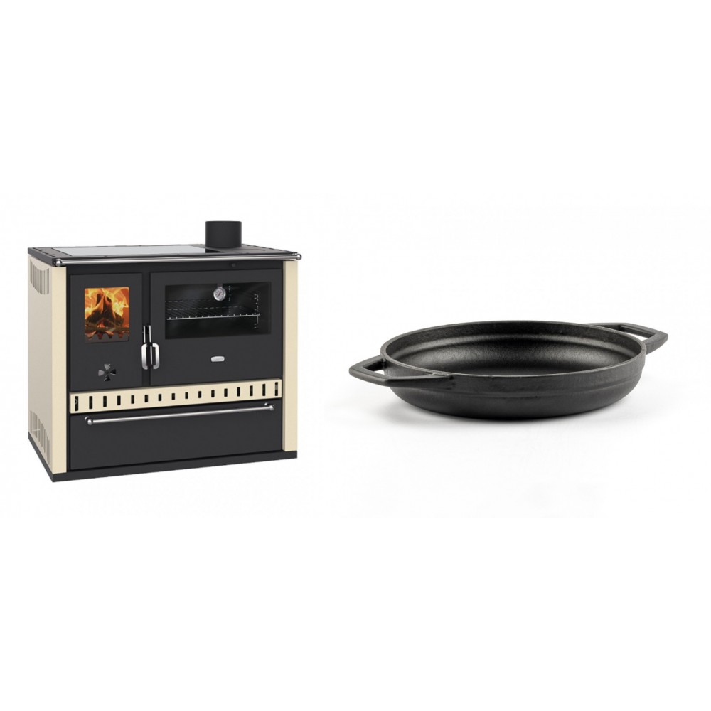 Set Küchenofen / Küchenhexe Prity GT Elfenbein, mit Glaskeramik-Kochfeld und Schublade, Leistung 15 kW + Emaillierte gusseisenpfanne mit zwei Griffen Solagio, Black Onyx, Ф19cm | Kaminofen - Holzofen mit Backfach | Kaminofen |