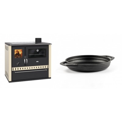 Set Küchenofen / Küchenhexe Prity GT Elfenbein, mit Glaskeramik-Kochfeld und Schublade, Leistung 15 kW + Emaillierte gusseisenpfanne mit zwei Griffen Solagio, Black Onyx, Ф19cm - Kaminofen - Holzofen mit Backfach