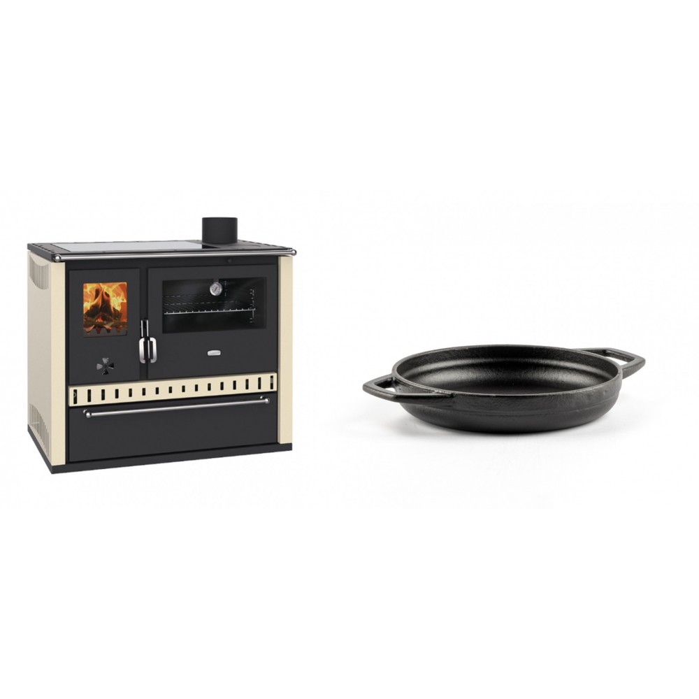 Set Küchenofen / Küchenhexe Prity GT Elfenbein, mit Glaskeramik-Kochfeld und Schublade, Leistung 15 kW + Emaillierte gusseisenpfanne mit zwei Griffen Solagio, Black Onyx, Ф16cm | Kaminofen - Holzofen mit Backfach | Kaminofen |