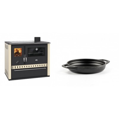 Set Küchenofen / Küchenhexe Prity GT Elfenbein, mit Glaskeramik-Kochfeld und Schublade, Leistung 15 kW + Emaillierte gusseisenpfanne mit zwei Griffen Solagio, Black Onyx, Ф16cm - Kaminofen - Holzofen mit Backfach