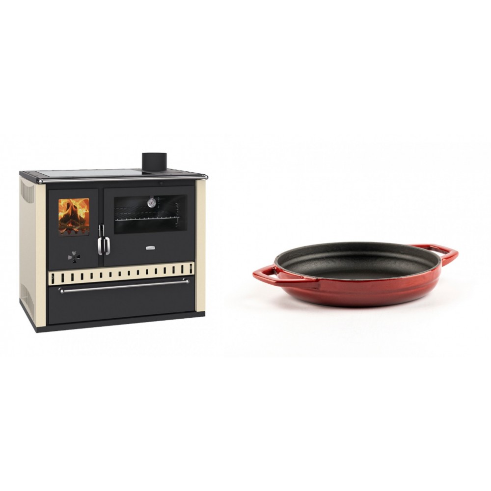 Set Küchenofen / Küchenhexe Prity GT Elfenbein, mit Glaskeramik-Kochfeld und Schublade, Leistung 15 kW + Emaillierte gusseisenpfanne mit zwei Griffen Solagio, Rubin, Ф16cm