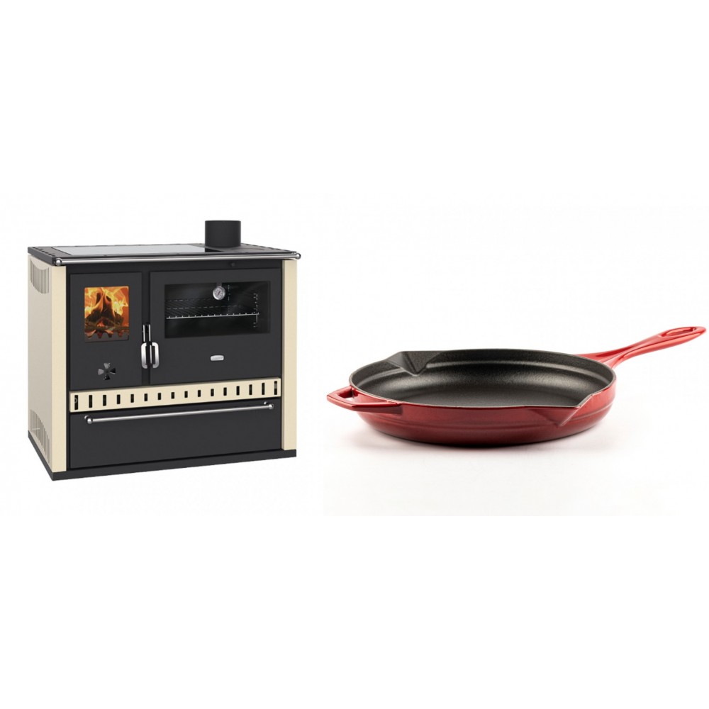 Set Küchenofen / Küchenhexe Prity GT Elfenbein, mit Glaskeramik-Kochfeld und Schublade, Leistung 15 kW + Emaillierte Gusseisenpfanne Solagio, Rubin, Ф28cm