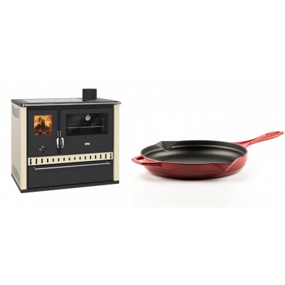 Set Küchenofen / Küchenhexe Prity GT Elfenbein, mit Glaskeramik-Kochfeld und Schublade, Leistung 15 kW + Emaillierte Gusseisenpfanne Solagio, Rubin, Ф28cm - Kaminofen - Holzofen mit Backfach