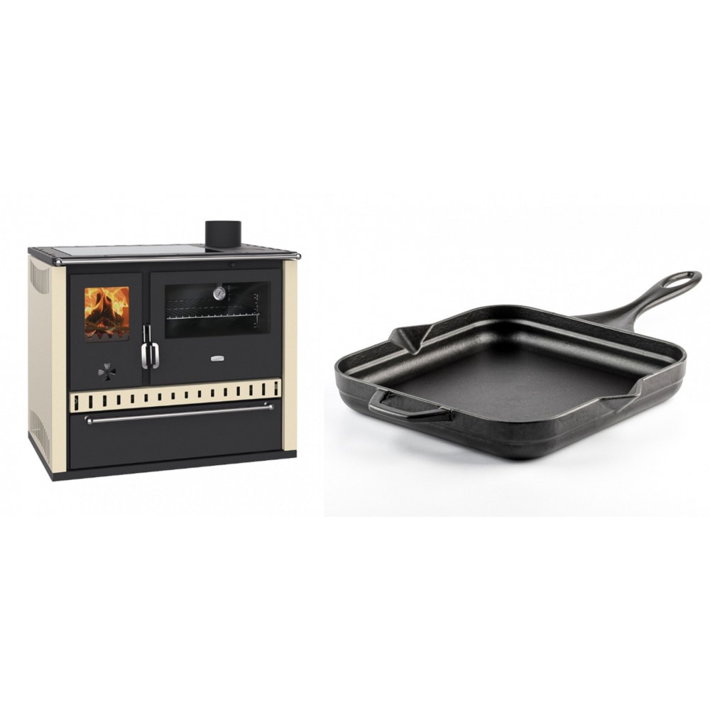 Set Küchenofen / Küchenhexe Prity GT Elfenbein, mit Glaskeramik-Kochfeld und Schublade, Leistung 15 kW + Emaillierte Gusseisenpfanne Solagio, Black Onyx, 28x28cm | Kaminofen - Holzofen mit Backfach | Kaminofen |