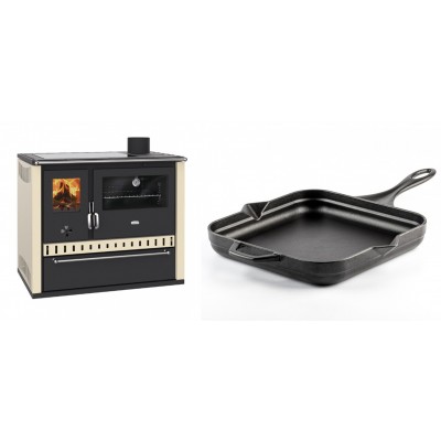 Set Küchenofen / Küchenhexe Prity GT Elfenbein, mit Glaskeramik-Kochfeld und Schublade, Leistung 15 kW + Emaillierte Gusseisenpfanne Solagio, Black Onyx, 28x28cm - Kaminofen - Holzofen mit Backfach