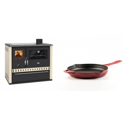 Set Küchenofen / Küchenhexe Prity GT Elfenbein, mit Glaskeramik-Kochfeld und Schublade, Leistung 15 kW + Emaillierte Gusseisenpfanne Solagio, Rubin, Ф24cm - Kaminofen - Holzofen mit Backfach