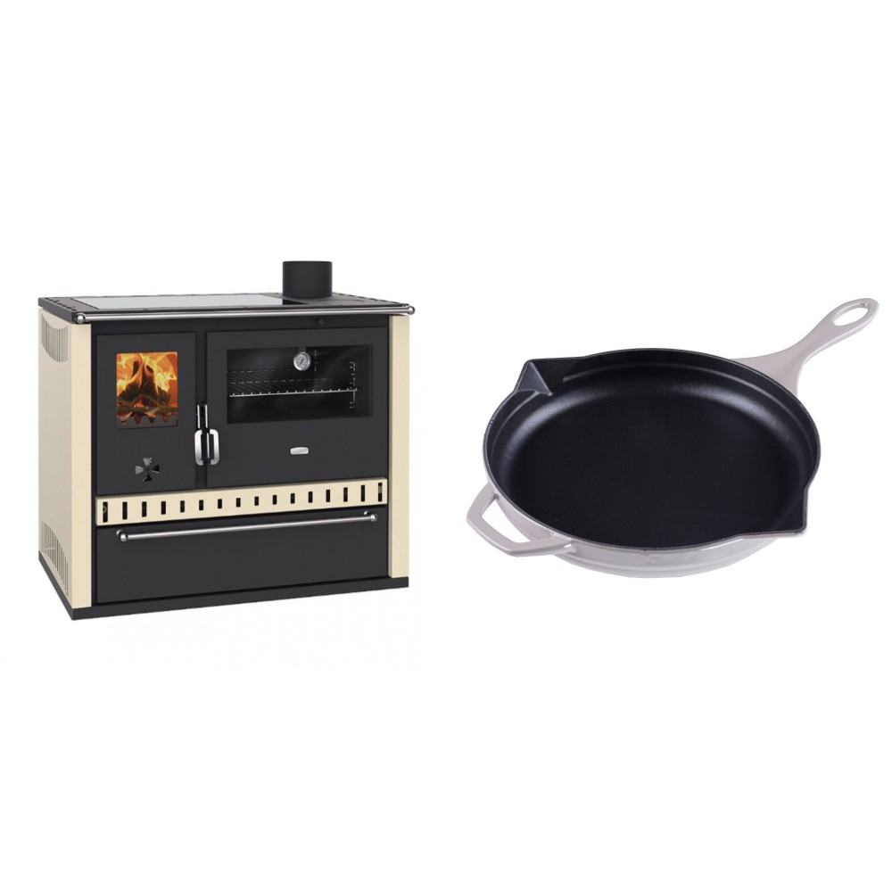 Set Küchenofen / Küchenhexe Prity GT Elfenbein, mit Glaskeramik-Kochfeld und Schublade, Leistung 15 kW + Emaillierte Gusseisenpfanne Solagio, Ivory, Ф28cm | Kaminofen - Holzofen mit Backfach | Kaminofen |