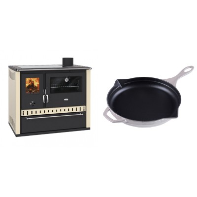 Set Küchenofen / Küchenhexe Prity GT Elfenbein, mit Glaskeramik-Kochfeld und Schublade, Leistung 15 kW + Emaillierte Gusseisenpfanne Solagio, Ivory, Ф28cm - Kaminofen - Holzofen mit Backfach