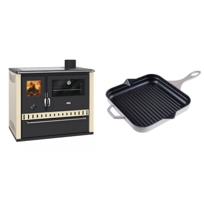 Set Küchenofen / Küchenhexe Prity GT Elfenbein, mit Glaskeramik-Kochfeld und Schublade, Leistung 15 kW + Emaillierte grillpfanne Gusseisen Solagio, Ivory, 28x28cm - Kaminofen - Holzofen mit Backfach