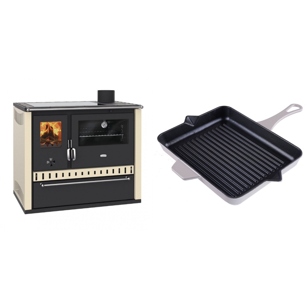 Set Küchenofen / Küchenhexe Prity GT Elfenbein, mit Glaskeramik-Kochfeld und Schublade, Leistung 15 kW + Emaillierte grillpfanne Gusseisen Solagio, Ivory, 26x32cm | Kaminofen - Holzofen mit Backfach | Kaminofen |