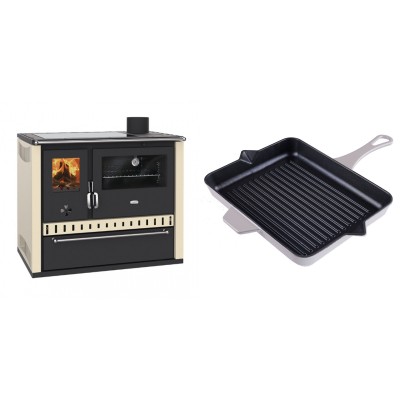 Set Küchenofen / Küchenhexe Prity GT Elfenbein, mit Glaskeramik-Kochfeld und Schublade, Leistung 15 kW + Emaillierte grillpfanne Gusseisen Solagio, Ivory, 26x32cm - Kaminofen - Holzofen mit Backfach