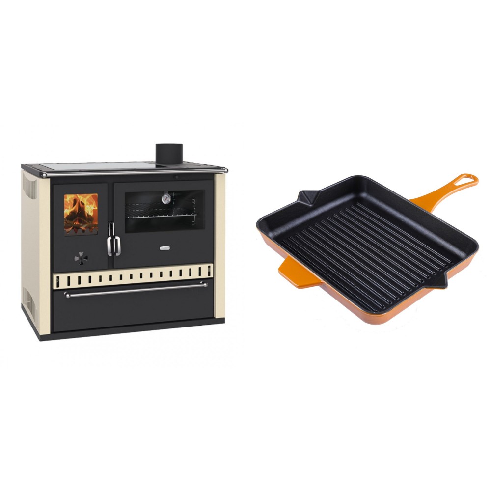 Set Küchenofen / Küchenhexe Prity GT Elfenbein, mit Glaskeramik-Kochfeld und Schublade, Leistung 15 kW + Emaillierte grillpfanne Gusseisen Solagio, Dijon, 26x32cm | Kaminofen - Holzofen mit Backfach | Kaminofen |