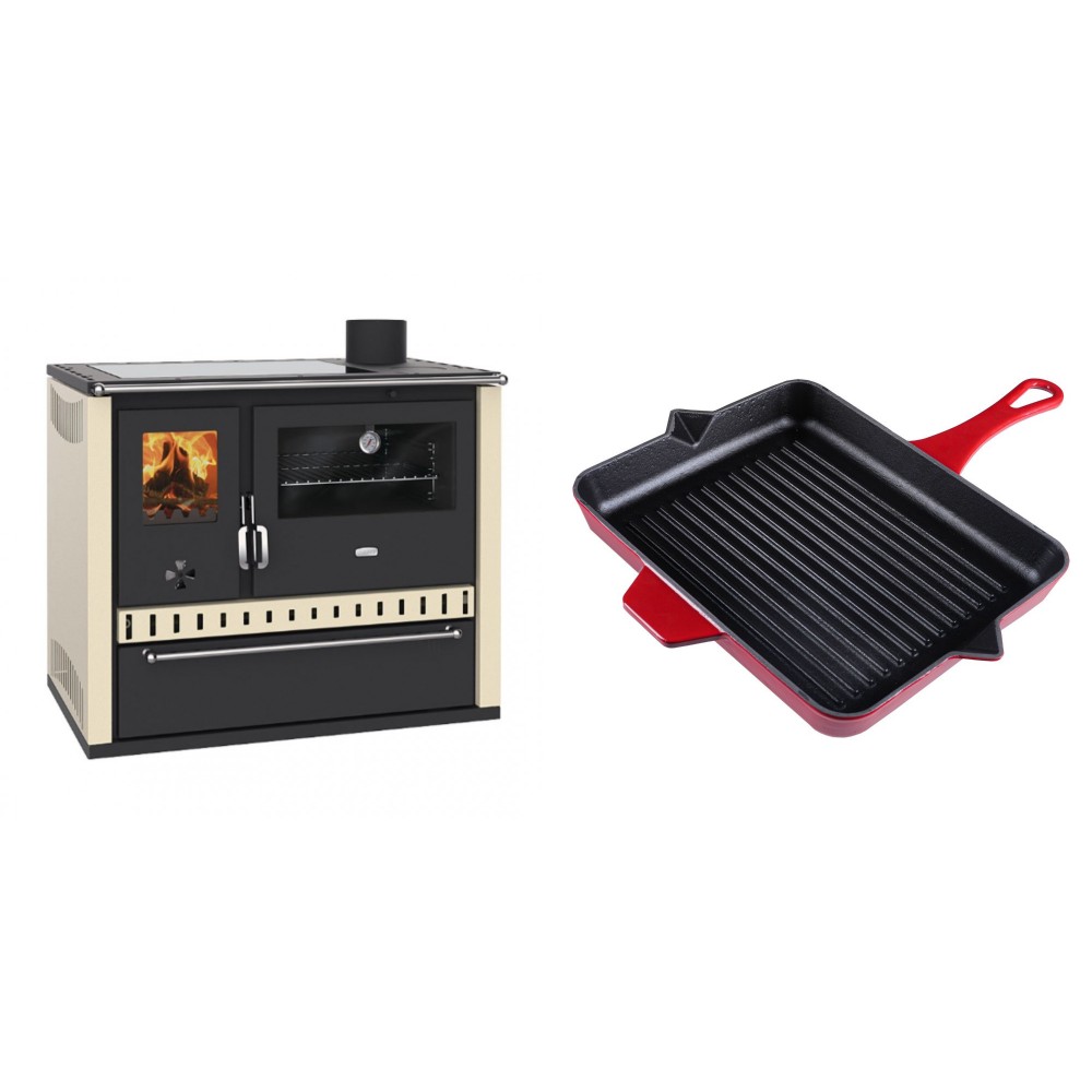 Set Küchenofen / Küchenhexe Prity GT Elfenbein, mit Glaskeramik-Kochfeld und Schublade, Leistung 15 kW + Emaillierte grillpfanne Gusseisen Solagio, Rubin, 26x32cm