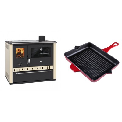 Set Küchenofen / Küchenhexe Prity GT Elfenbein, mit Glaskeramik-Kochfeld und Schublade, Leistung 15 kW + Emaillierte grillpfanne Gusseisen Solagio, Rubin, 26x32cm - Kaminofen - Holzofen mit Backfach