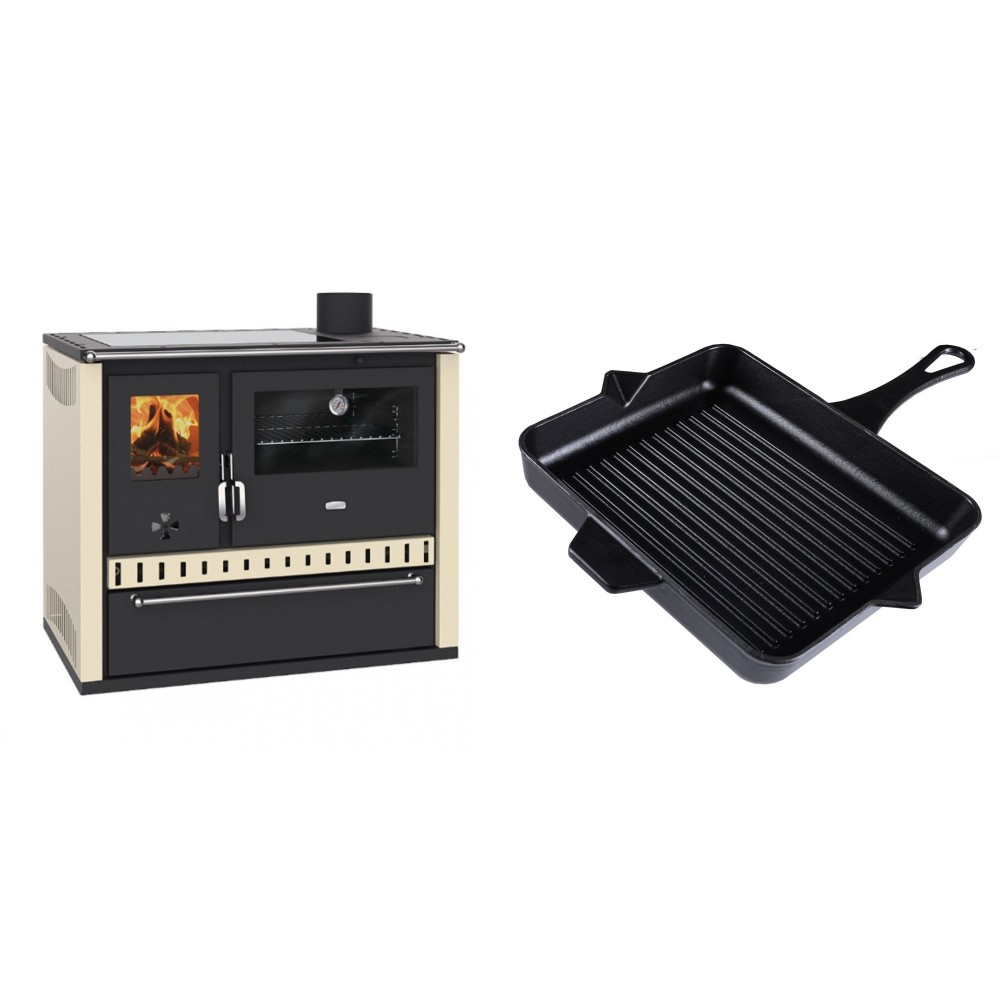 Set Küchenofen / Küchenhexe Prity GT Elfenbein, mit Glaskeramik-Kochfeld und Schublade, Leistung 15 kW + Emaillierte grillpfanne Gusseisen Solagio, Black Onyx, 26x32cm